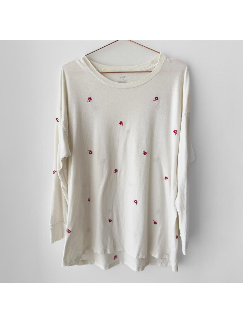 Aerie Cream Embroidered Floral Long Sleeve‎ Tee Size Large